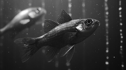 Monochrome Close Up of a Small Dark Fish Swimming in an Aquarium.