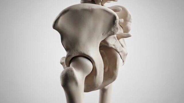 Detailed anatomical illustration of the human pelvis and hip joint on a white background.