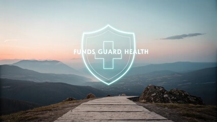 Peaceful Landscape View with Shield Symbol Representing Health and Wellness in Nature at Sunset Over Mountains