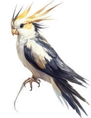 Obraz premium A charming cockatiel isolated on transparent background, showcasing its distinctive crest, grey and white plumage, and endearing expression in a detailed portrait