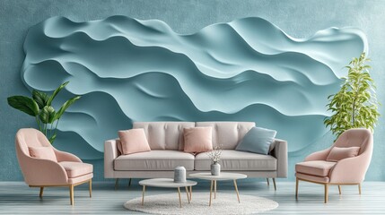 Serene Modern Living Room with a Wavy Sculptural Wall.