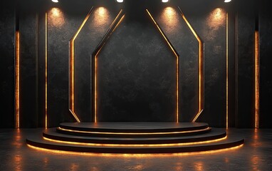 Futuristic Black and Gold Podium Stage with Glowing Neon Lights for Product Display.