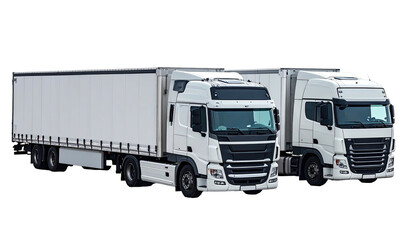 Two white semi-trucks with trailers, side-by-side, front view