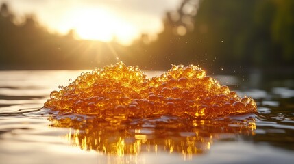 Fresh Red Caviar Glistening on Water at Golden Sunset.