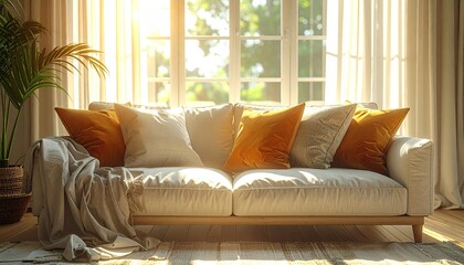 Bright Living Room with White Sofa and Golden Pillows near Window with Natural Light Streaming In Cinematic HDR Lifestyle Photography