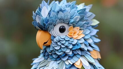 Detailed Blue Bird Sculpture Crafted from Individual Fabric Petals.