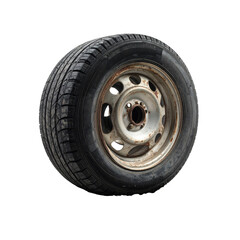 Worn vehicle tire and wheel assembly.  Rusty, light gray metal wheel with dark gray tire