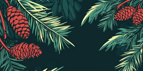 Hand-Drawn Style Evergreen Branches with Red Pine Cones.