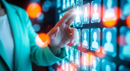 Hand touching glowing digital profile icons on a futuristic screen