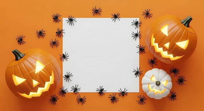Halloween pumpkins and spiders surrounding blank white space for text - Powered by Adobe