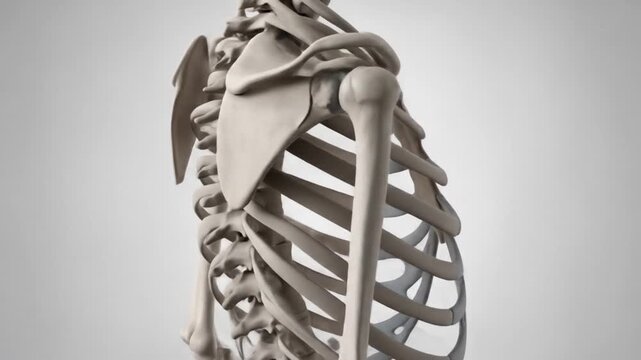 Anatomical illustration of the human skeletal structure, highlighting the rib cage and shoulder.