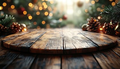 Festive Christmas background with empty rustic wooden table for display.