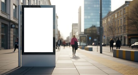 Blank digital billboard on a city street with people walking by