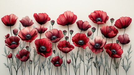 Artistic illustration of a row of red poppy flowers.