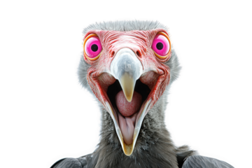 A captivating turkey vulture stares intensely, isolated on transparent background, its pink eyes and open beak revealing a raw and primal essence of natures scavenger