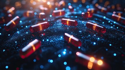 Futuristic Pharmaceutical Capsules on a Glowing Digital Network.