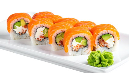 Sushi rolls arranged on a white plate.  Salmon, avocado, cream cheese, and rice fill the rolls. A small green wasabi garnish is on the plate