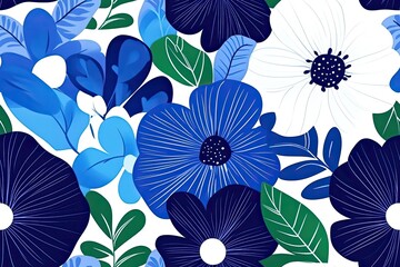 Seamless Floral Pattern with Stylized Blue and White Flowers.