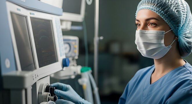 Focused Anesthesiologist Monitoring Equipment in Operating Room.