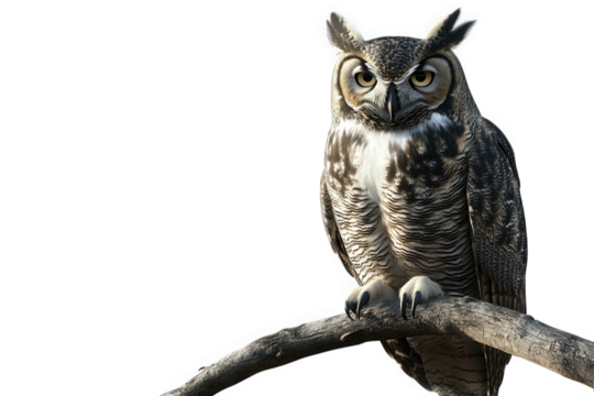 A great horned owl perched on a branch, its piercing gaze fixed ahead, isolated on transparent background the owls plumage is a mix of brown and white