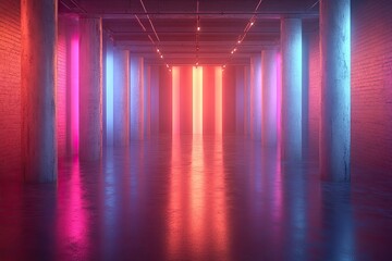 Futuristic corridor with vibrant pink blue and orange neon lights.