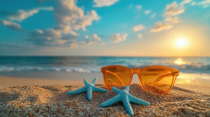 Orange Sunglasses and Blue Starfish on a Sandy Beach at Sunset.