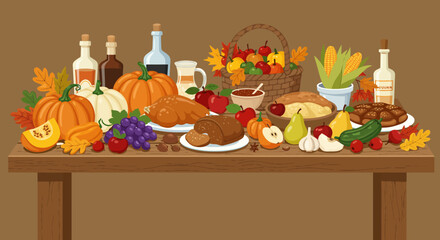 A Bountiful Harvest Thanksgiving Feast on a Wooden Table with Autumnal Delights