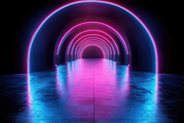 Futuristic Sci Fi Tunnel with Glowing Pink and Blue Neon Arches.