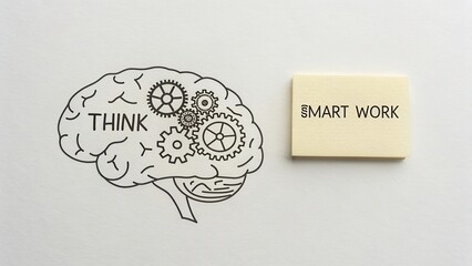 Creative representation of human brain with gears indicating thoughts alongside a note promoting smart work concept