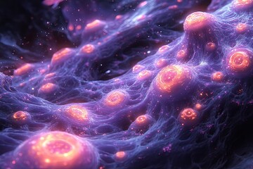 Vibrant cosmic landscape of glowing purple nebulas and alien orbs.