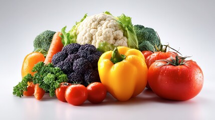Assorted Fresh Vegetables Isolated on White Background &mdash; Colorful Organic Produce Including Carrots, Tomatoes, Broccoli, Peppers, and Asparagus for Healthy Eating and Nutrition Concepts