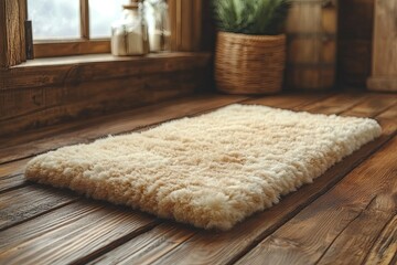 Cozy Sheepskin Rug on a Rustic Wooden Floor in a Cabin.