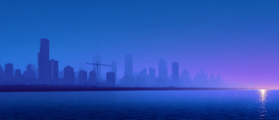 Fototapeta premium City skyline at dusk with tall buildings silhouetted against a purple and blue sky, reflecting on calm water in the foreground