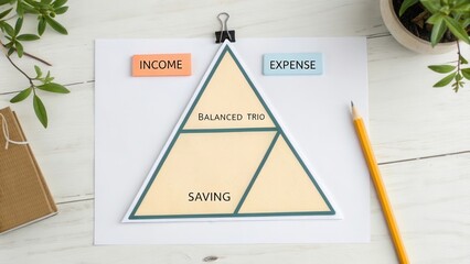 Triangle Diagram of Income, Expense, and Saving with Balanced Trio Concept on Workspace Desk