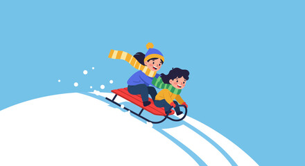 Winter Fun Children Sledding Down a Snow-Covered Hill on a Bright Day