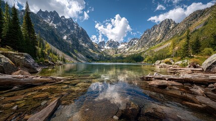 Majestic Mountain Landscape Reflected in Clear Alpine Lake &mdash; Scenic Nature Panorama with Forest, Blue Sky, and Morning Mist in Peaceful Wilderness