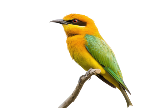 A vibrant rainbow beeeater perched gracefully on a slender branch, isolated on transparent background, showcasing its stunning plumage and captivating gaze in a natural setting
