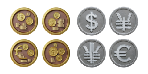Coins and Currency Symbols for Financial Illustrations, PNG collection, set bundle, isolate on transparent or white background