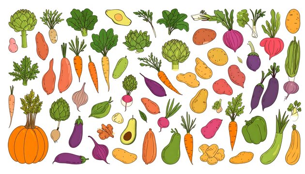 Colorful hand-drawn illustration of various fresh vegetables and produce