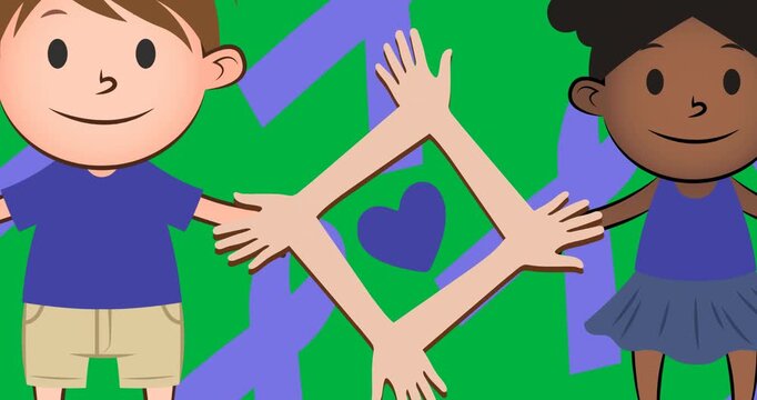 Animation of violet ribbons and cartoon children with heart on transparent background