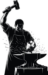 Blacksmith hammering hot iron on an anvil with sparks, powerful craftsman vector illustration