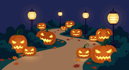 Halloween Night Illuminated Pumpkins on a Path