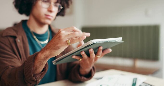 Reading, man and scroll on tablet in coffee shop, website design and digital report for user experience. Creative aesthetic, visual optimization or employee in cafe with tech, testing and zoom on app