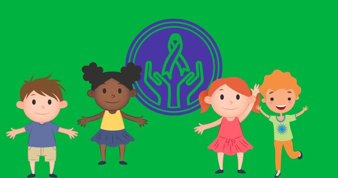 Animation of violet ribbons and cartoon children with sign on transparent background