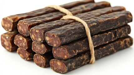 A stack of traditional South African droewors or biltong sticks tied together with string on a white background.