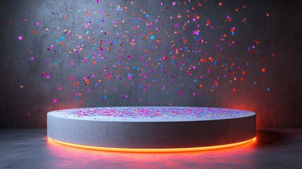 Empty circular podium with glowing orange neon light and falling confetti for product presentation.