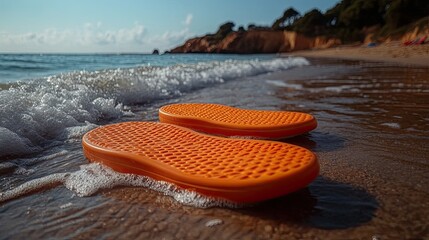 Bright Orange Shoe Insoles Washed Ashore on a Sandy Beach.