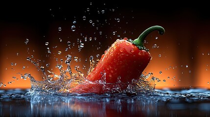 A vibrant red chili pepper creates a dynamic splash in cool water.