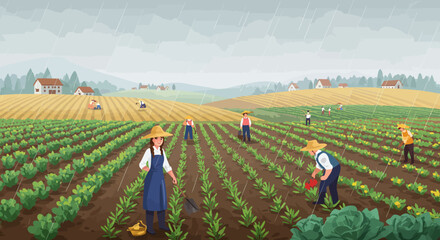 Harvest Harmony Farmers Cultivating Crops in a Vibrant Rural Landscape