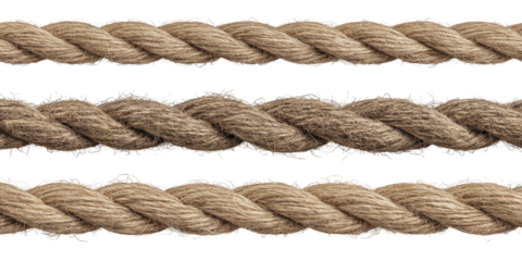 Close up of three strands of natural fiber ropes lying horizontally against a white and transparent background, concept for nautical themes, adventure backgrounds and marine applications.